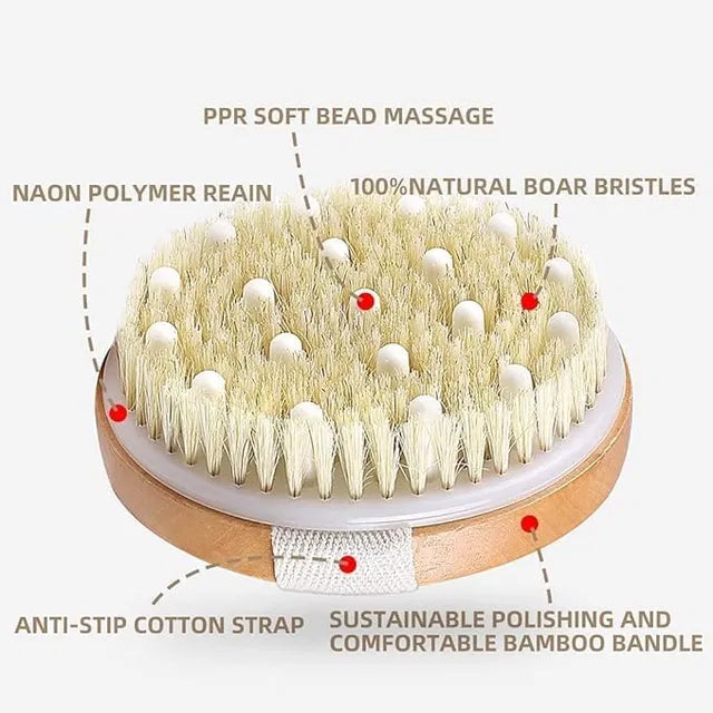 Natural Bamboo Dry Body Brush with Soft Massage Beads